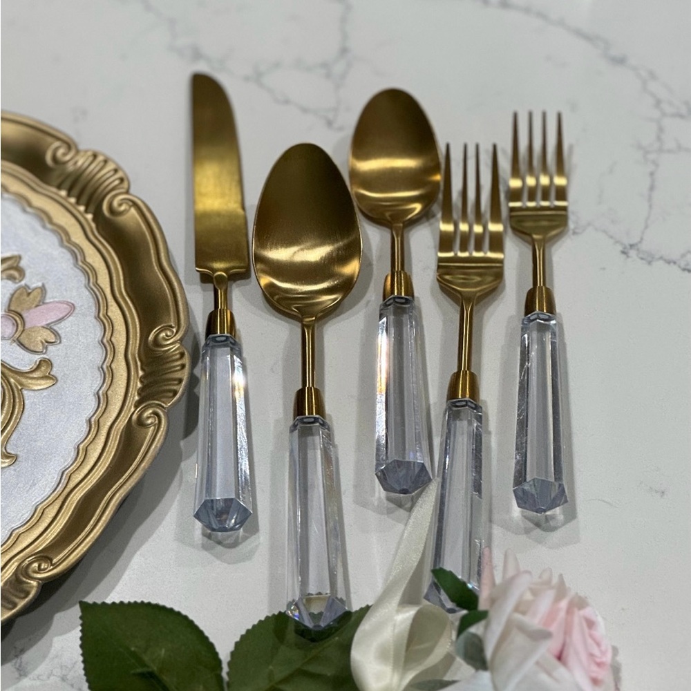 Gold acrylic handle diamond shape flatware cutlery  crystal flatware gold spoons